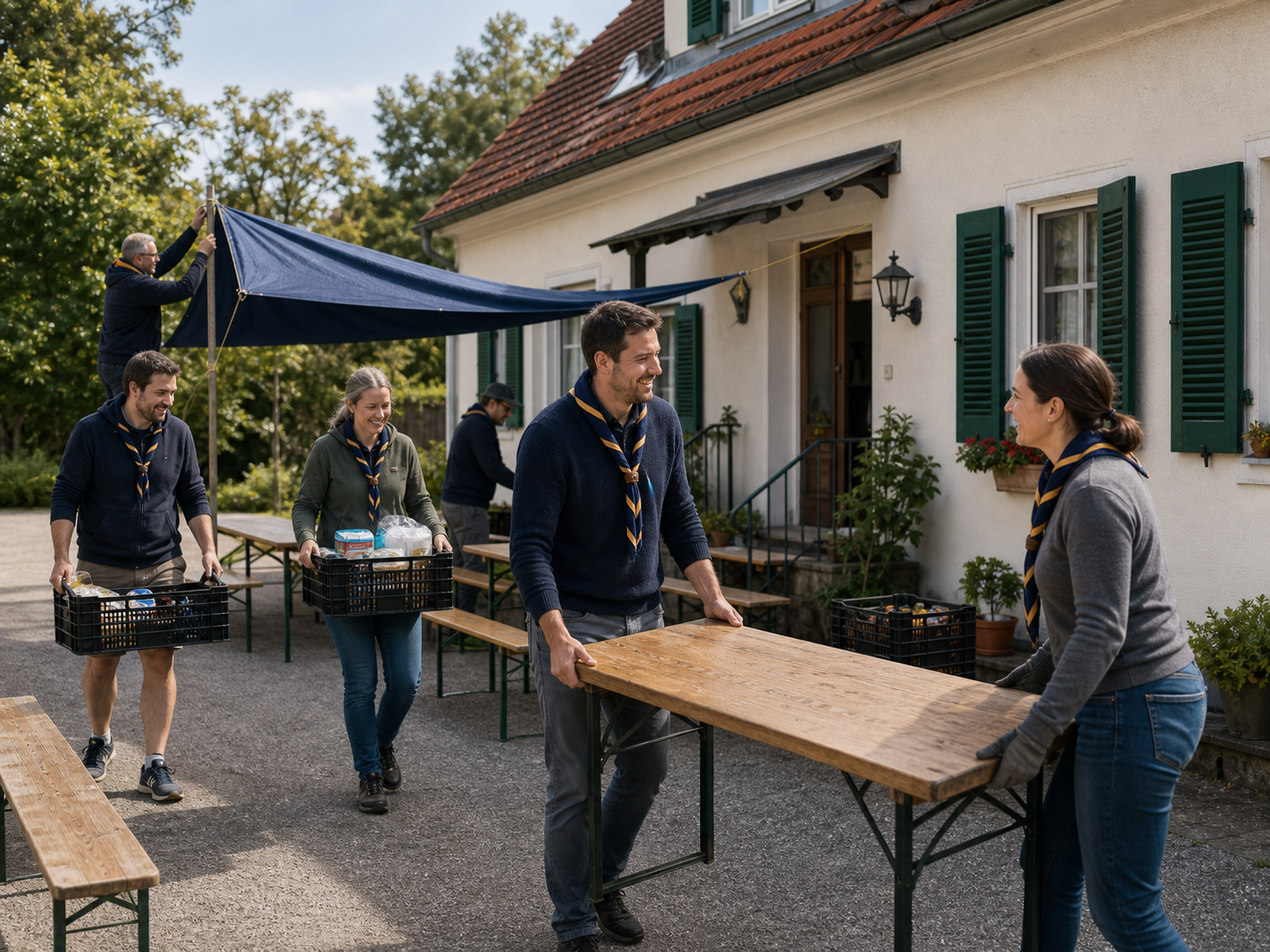 Ehemalige Pfadfinderinnen und Pfadfinder helfen beim Aufbau von Tischen und Ausrüstung