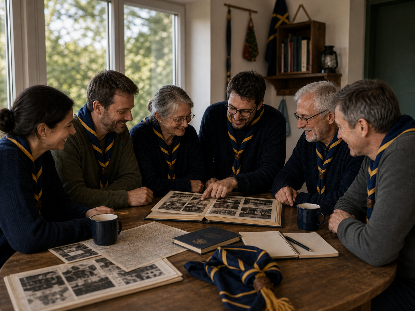 Ehemalige Pfadfinderinnen und Pfadfinder sitzen gemeinsam im Heim und sehen alte Fotos an